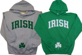 'IRISH' with Shamrock on Pocket of Hooded Sweatshirt Ash