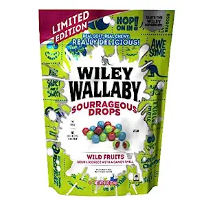 Wiley Wallaby Sourrageous Drops Sour Licorice with Candy Shell Wild Fruits Black Cherry, Blue Raspberry & Lime -- 8 oz