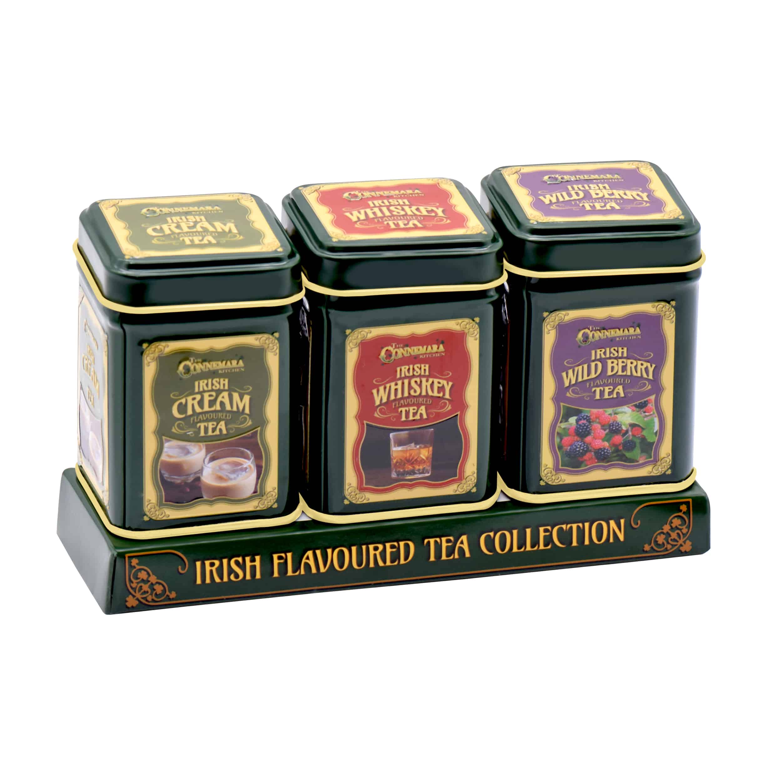 The Connemara Kitchen Irish Flavored Tea Collection with Irish Cream Tea, Irish Whiskey Tea and Wild Berry Tea -- 3 Mini Tins